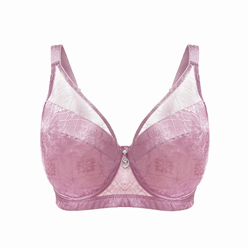 A pink and white lace underwire bra with a small rhinestone center accent, shown against a plain white background.