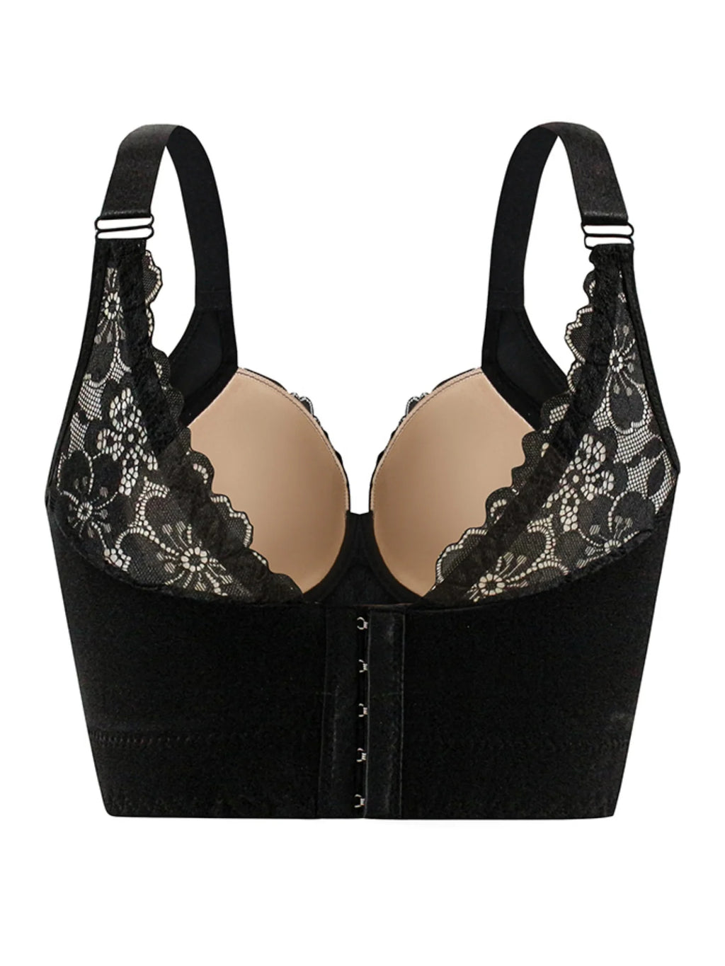 Black underwire bra with floral lace cups, adjustable shoulder straps, and a front button closure, shown on a plain white background.