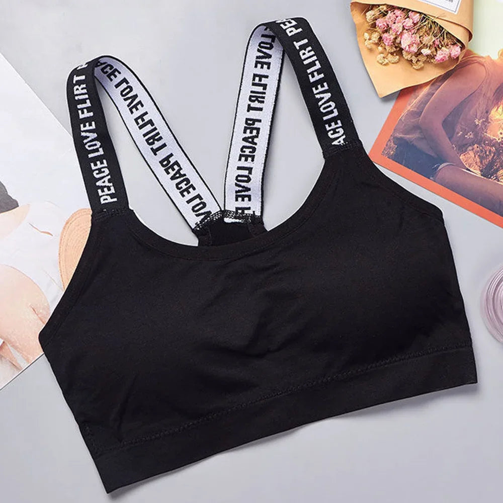 CHUANGERM Women's Seamless Sports Crop Top Wide Letter Straps Wireless Back Comfortable Yoga Fitness Workout
