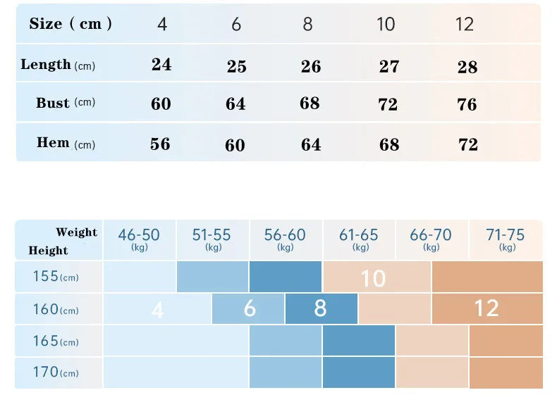 Measurement chart for clothing with sizes, lengths, busts, and weights.