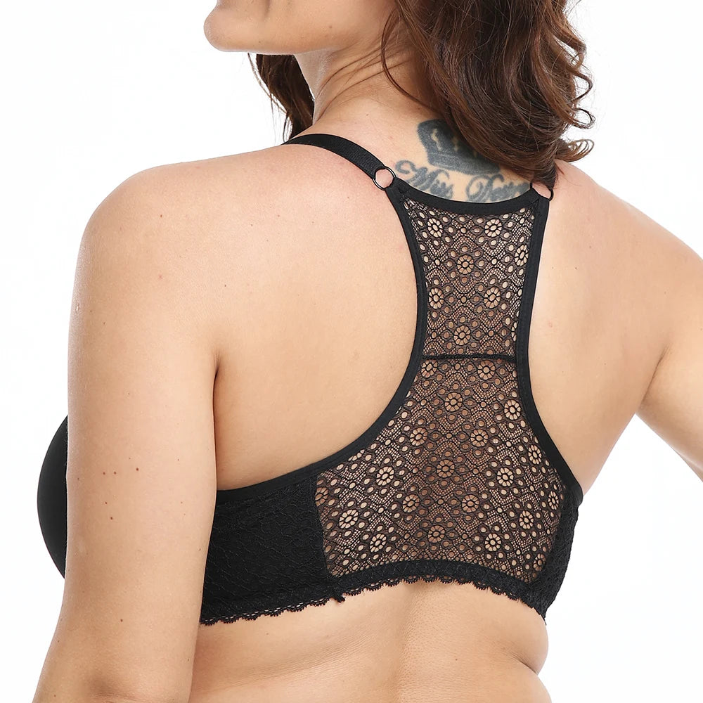 Rear view of a woman wearing a black lace bralette with a floral lace back panel and thin adjustable shoulder straps, shown against a plain white background.