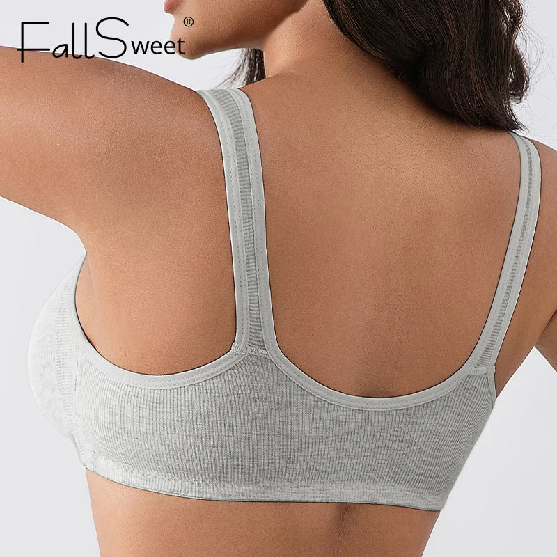 Gray sports bra worn by a person on a light gray background, with 'FallSweet' branding.