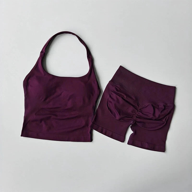Seamless Halter Neck Yoga Tank Tops for Women Built-in Bra Padded Gym Top Sleeveless Shirt Fitted Backless Workout Clothes