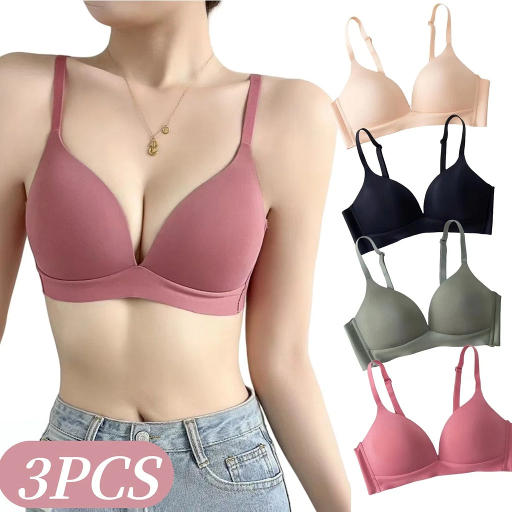 A woman models a wireless underwire bra in dusty rose pink, with six additional color options shown on the right side. The options include beige, black, gray, and pink.