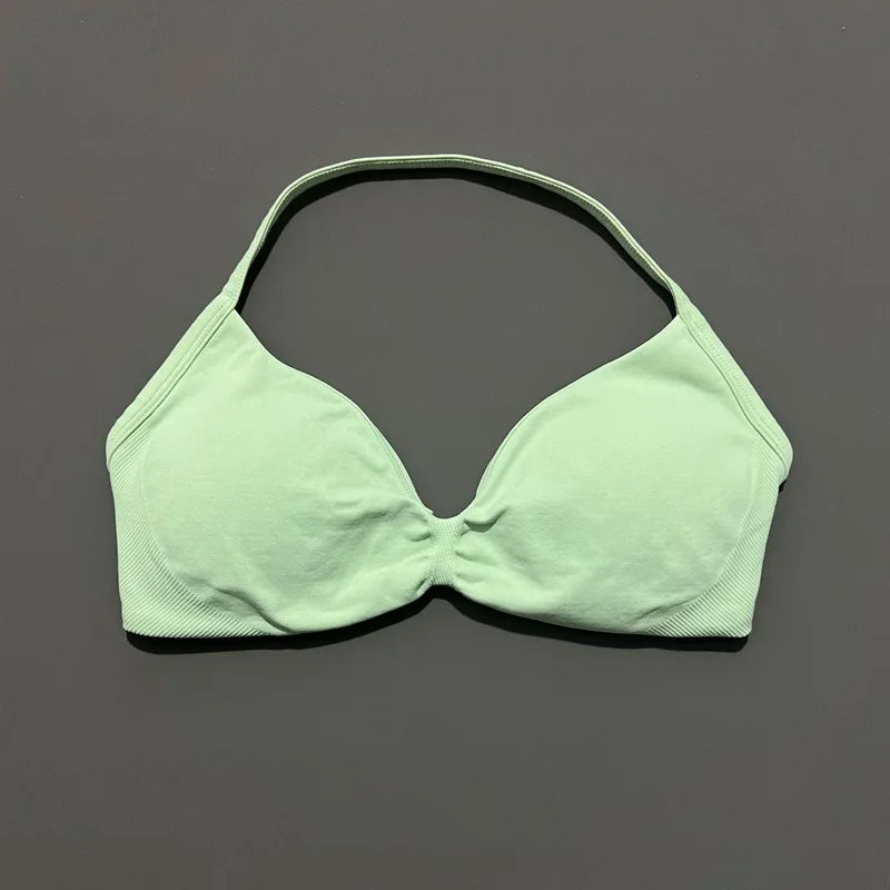 HISTELLO Strappy Sports Bra – High Support Scrunch Push-Up Halter