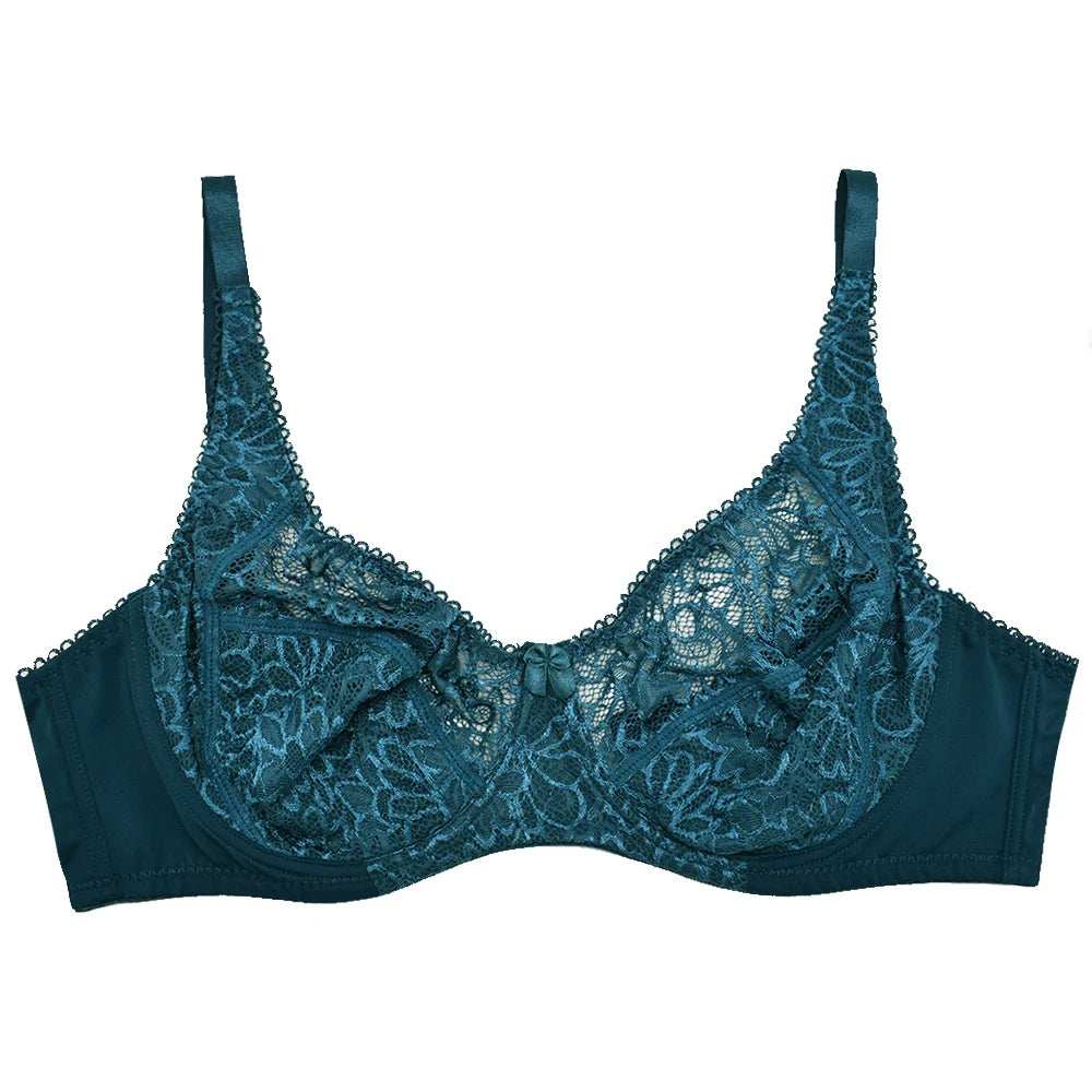Teal lace bra on a white background