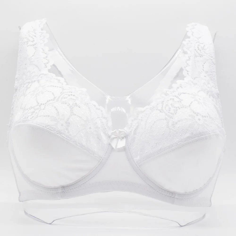 White bra with lace details on a light gray background