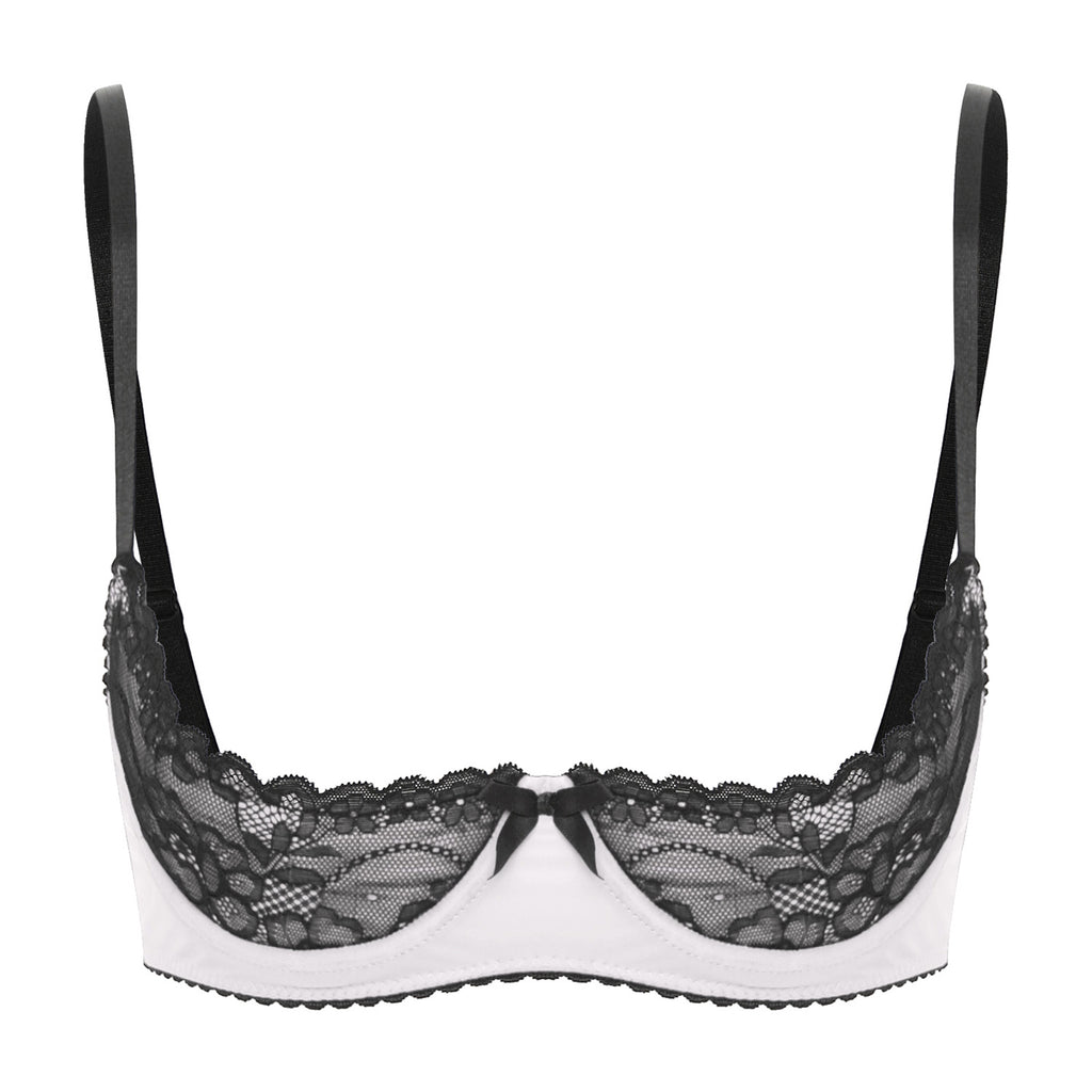 Women Sexy Open Cups Bra Tops Exposed Nipples Balconette Lingerie Contrast Lace Push Up Underwire Brassiere Underwear Nightwear