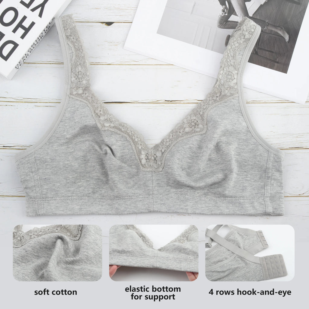 Sheroine Women's Floral Lace Cotton Bra Plus Size Wire-Free Non-Foam Comfort Wide Straps Full Coverage Sleep Underswear