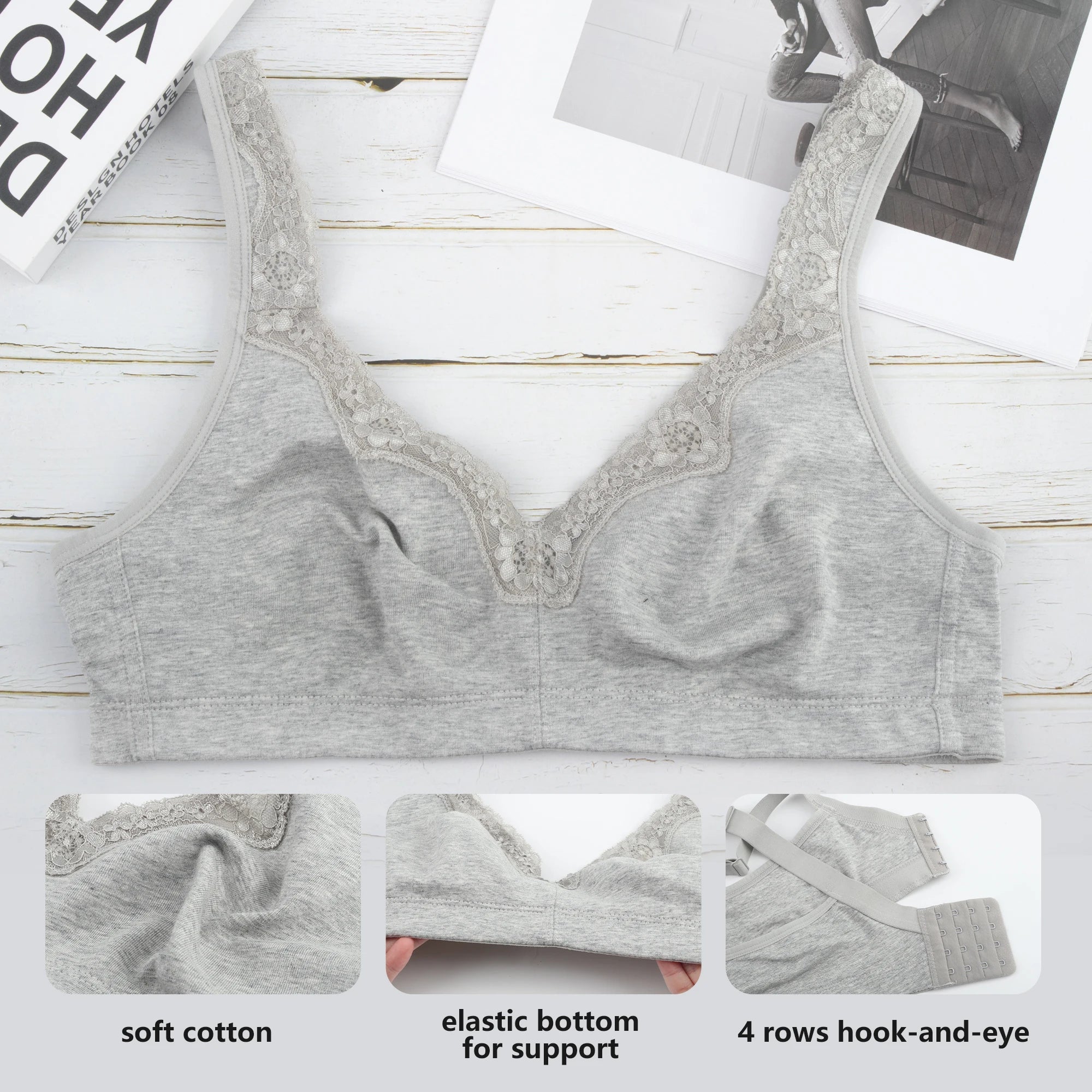 Sheroine Women's Floral Lace Cotton Bra Plus Size Wire-Free Non-Foam Comfort Wide Straps Full Coverage Sleep Underswear