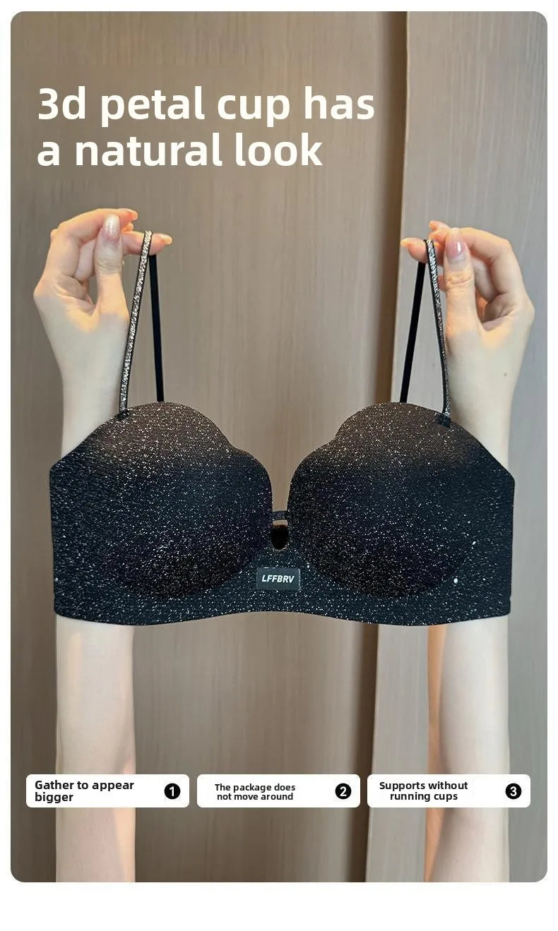 Hot Push Up Bra for Small Bust with Thin Shimmer Straps, Thick Padded Wireless Seamless Bra, Side Support Anti-Droop Lingerie