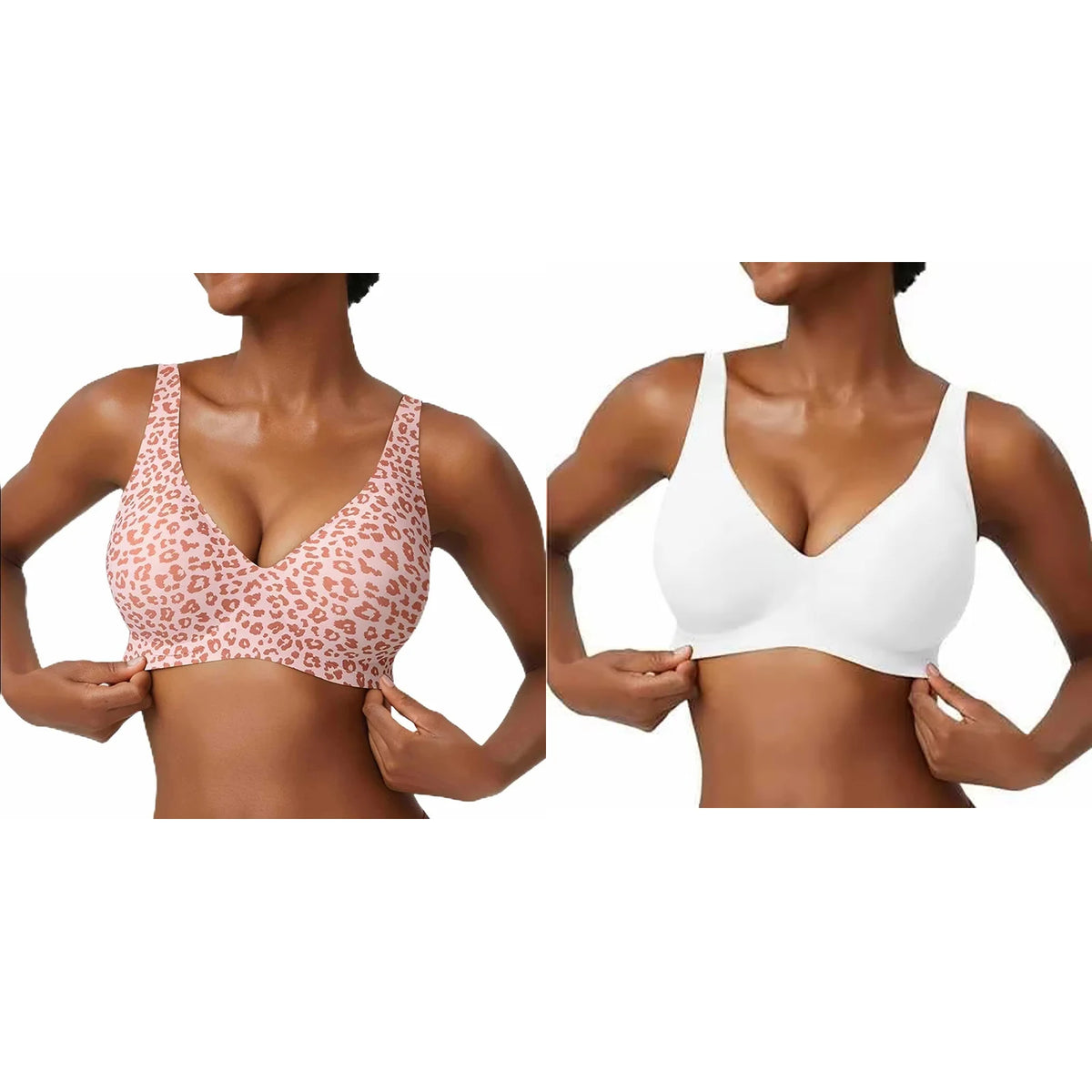 Two women wearing different styles of bras on a white background