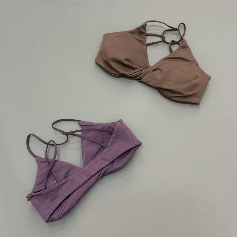 Brown and purple bikini set on a light gray background