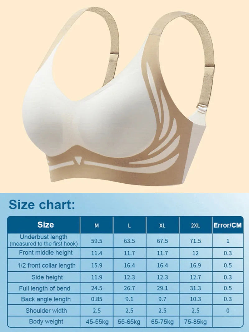 White bra with beige straps on a beige background, accompanied by a size chart.