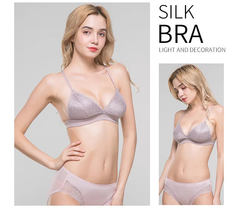 Women's Fashion Tassel Lace Triangle Bralette Wireless 3/4 Cup Mulberry Silk Soft Stretchy Lingerie Underwear