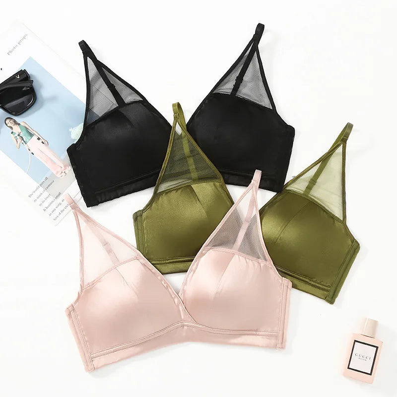 Mulberry Silk Satin French Lingerie Thin Wireless Bra for Small Chests
