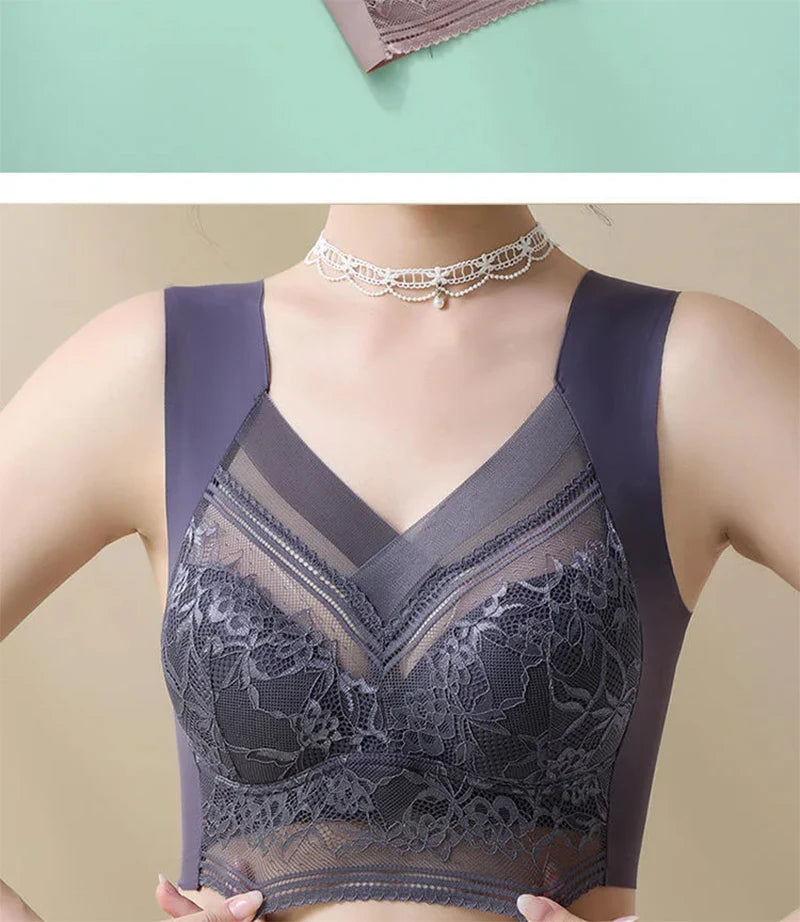 Plus Size Ice Silk Seamless Bra – Lace Wireless Push-Up Full Cup