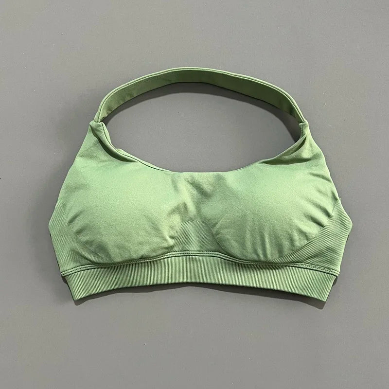 HISTELLO Seamless Halter Sports Bra – Open Back Gym & Yoga Top
