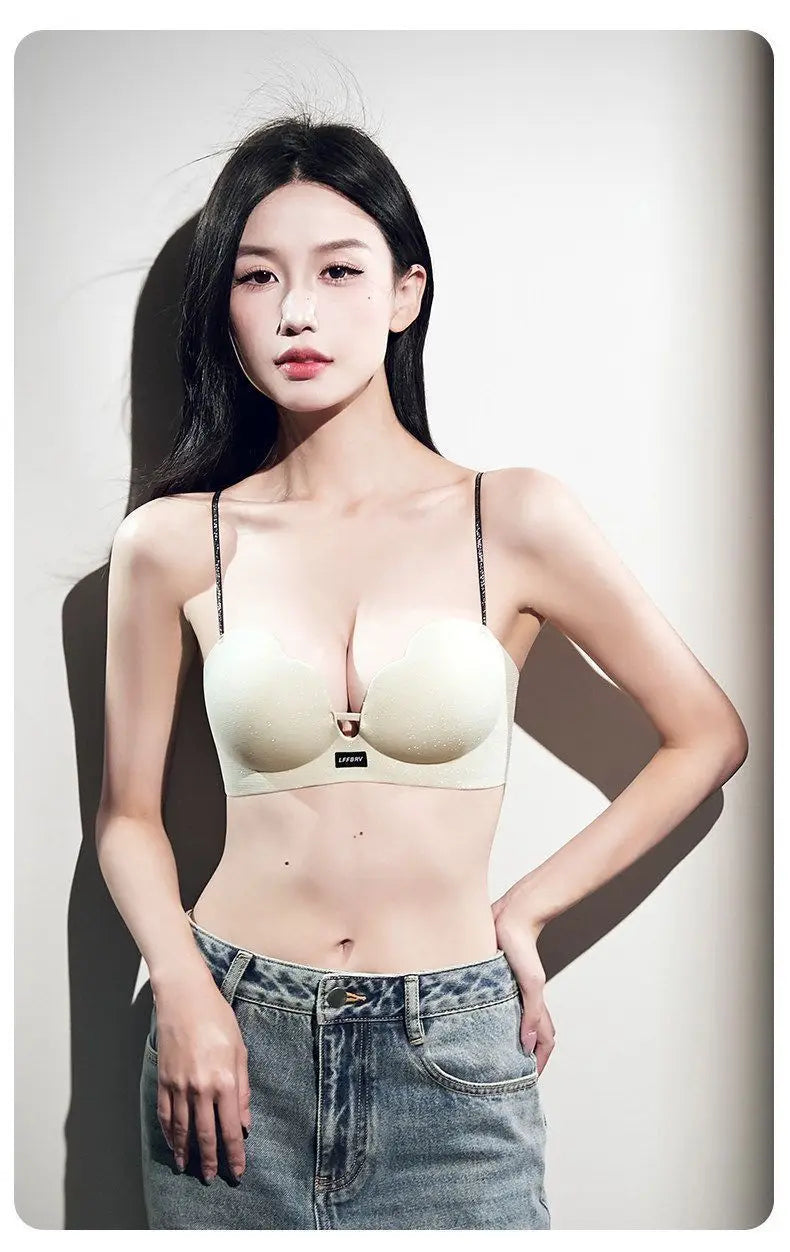 Hot Push Up Bra for Small Bust with Thin Shimmer Straps, Thick Padded Wireless Seamless Bra, Side Support Anti-Droop Lingerie