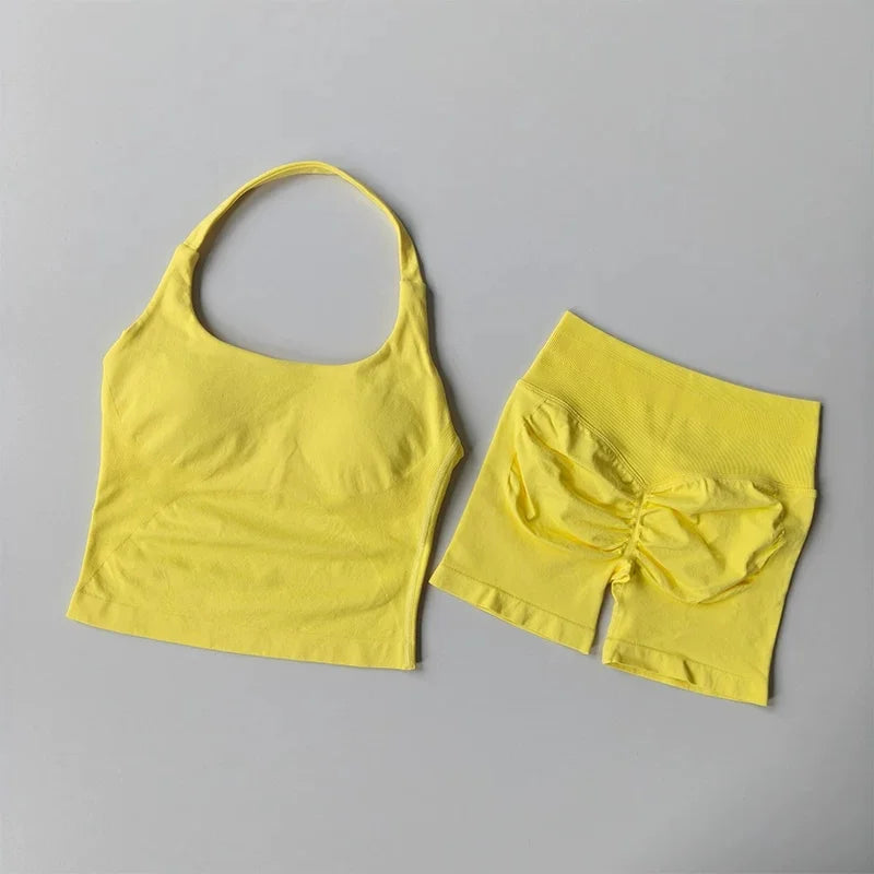 Seamless Halter Neck Yoga Tank Tops for Women Built-in Bra Padded Gym Top Sleeveless Shirt Fitted Backless Workout Clothes