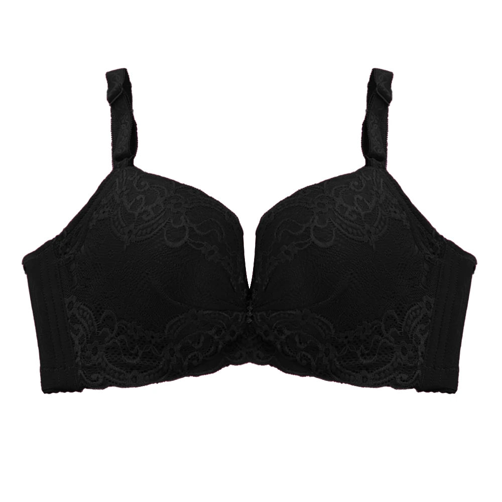 Black lace underwire bra with wide shoulder straps and a sheer floral lace overlay on the cups, shown against a plain white background.