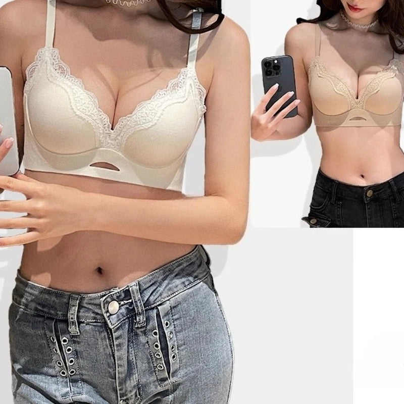 Elegant Matte Lace Bralette AB Cup, Wireless Push Up Bra Small Chest, Gathers Anti Sagging, Seamless Soft Cup T-Shirt Bra 32-38