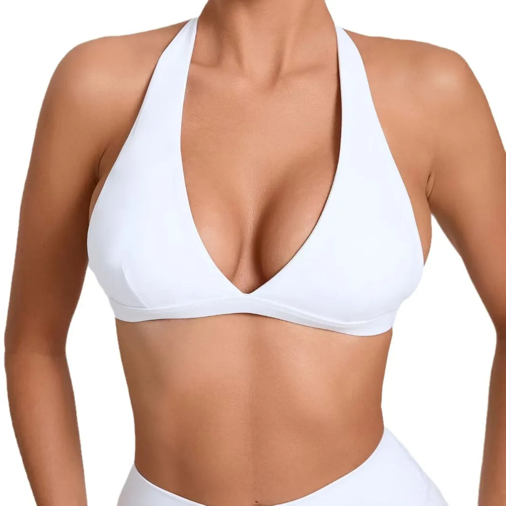 Seamless Halter Neck Open Back Sports Bra – Medium Support Yoga Gym Crop Top