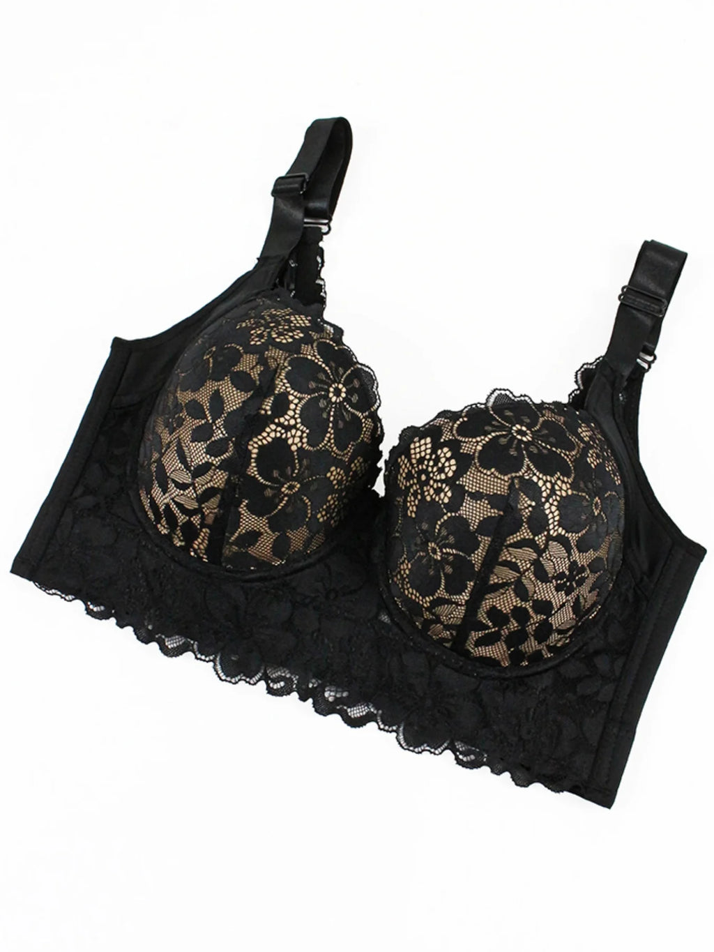 Black lace bra with floral lace cups and scalloped trim, shown on a plain white background.