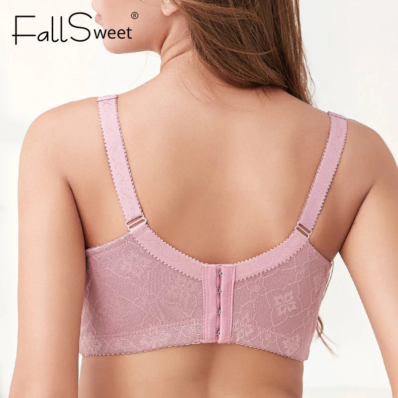 Pink bra worn by a model with 'FallSweet' branding on a light background