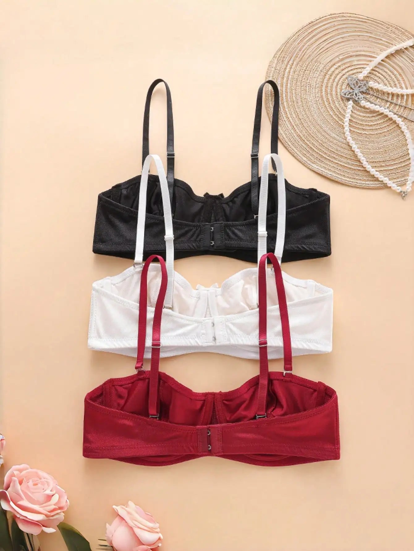 3PCS Women Balconette Lace Underwire Bra Set, Detachable Thin Strap Mini Front Bow Scalloped Edge Multi-Way Lingerie