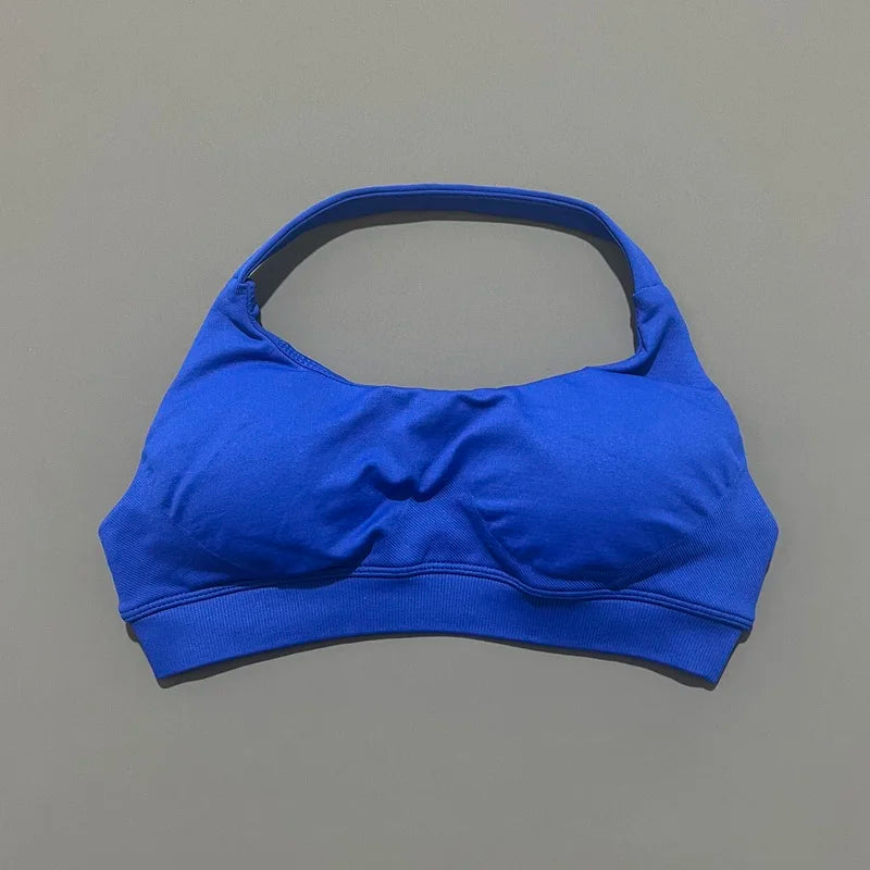 HISTELLO Seamless Halter Sports Bra – Open Back Gym & Yoga Top