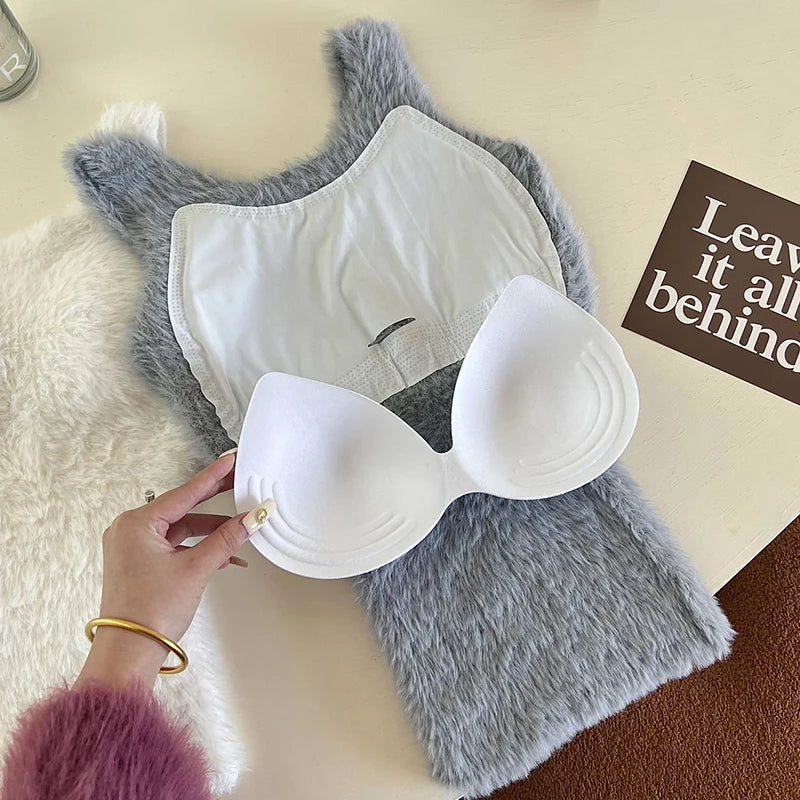 Plush Fleece Thermal Camisole – Built-In Bra Pad Warm Wool Tank Top