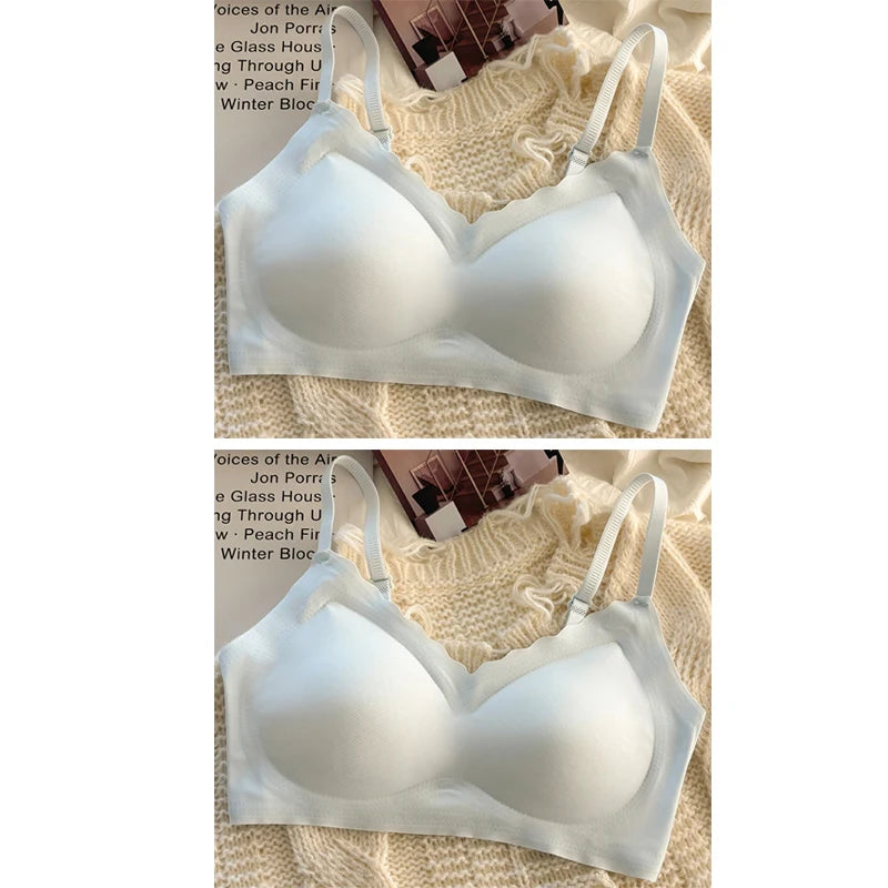 A two-panel image showing a white seamless wireless bra from different angles, styled on a beige knit blanket with a book in the background.