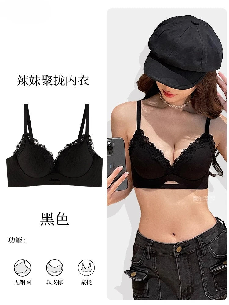 Elegant Matte Lace Bralette AB Cup, Wireless Push Up Bra Small Chest, Gathers Anti Sagging, Seamless Soft Cup T-Shirt Bra 32-38