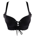 Black bra with lace-up front on a white background