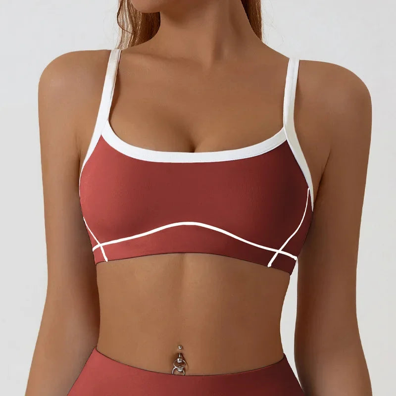 Women Yoga Sports Bra Color Clashing Shock Absorbing Brassiere Full Cup Breathable Gym Tube Top Bra Yoga Workout Underwear