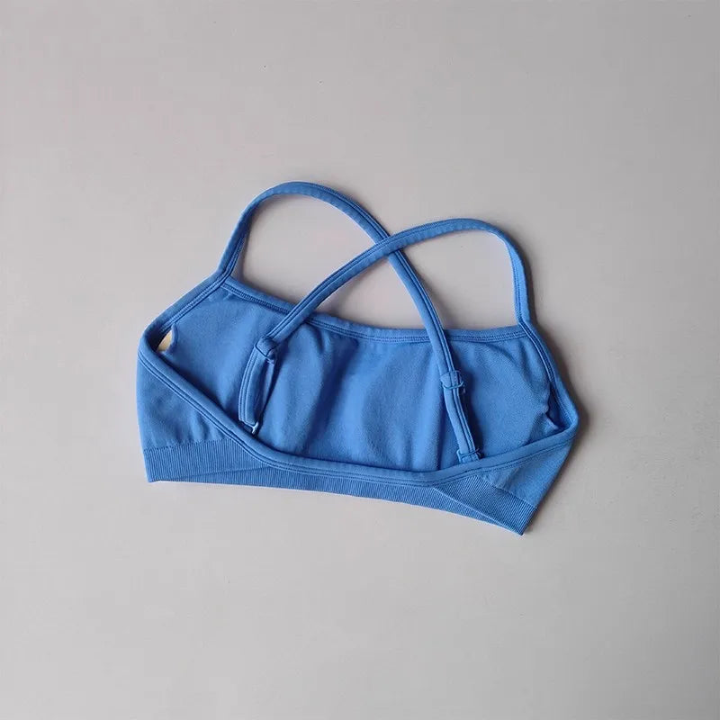 Blue sports bra on a gray background