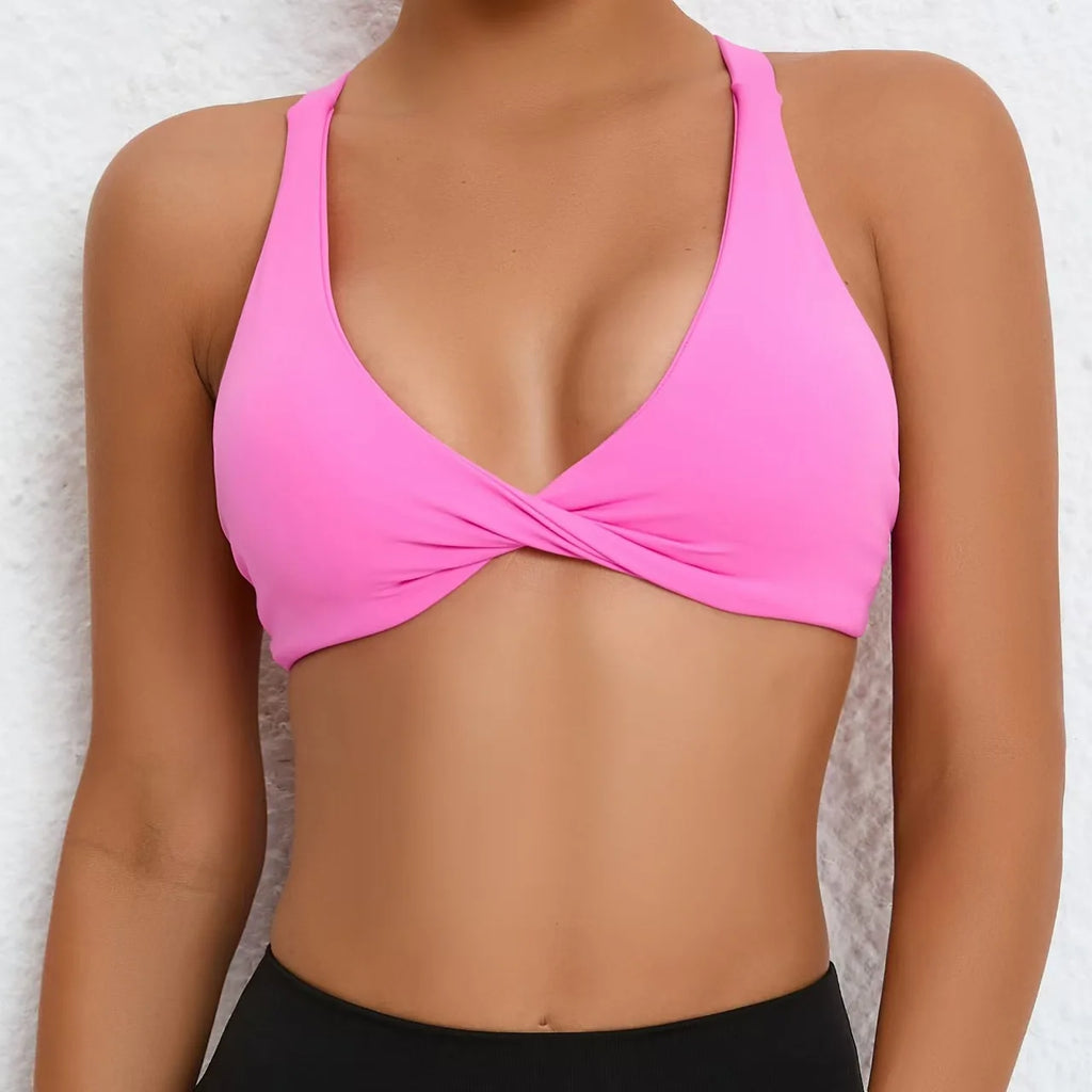 Seamless Halter Neck Open Back Sports Bra – Medium Support Yoga Gym Crop Top