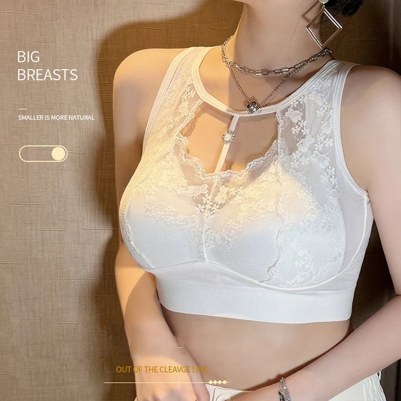 A woman wearing a white lace and mesh underwire bralette with a keyhole cutout at the neckline, styled with layered silver necklaces. The image features text overlays on a textured beige background.
