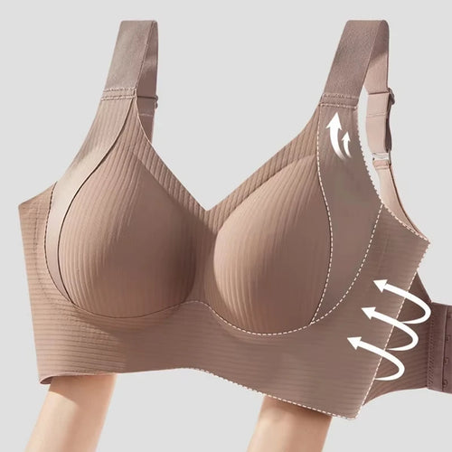 Beige bra with text on a light gray background