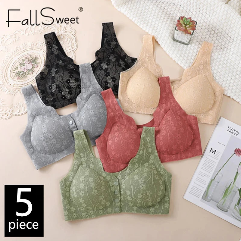 Set of five bras in various colors on a surface with 'FallSweet' branding.