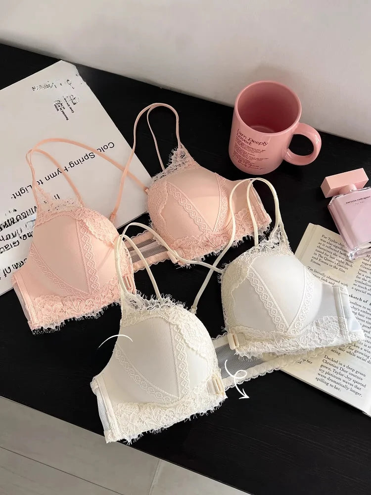 Wireless Lace Bra Set Women's Comfortable Sexy Back Design Gathered Front Clasp Underwear Nylon Material Suitable for Small B...