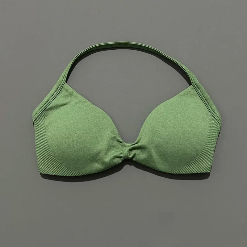 HISTELLO Strappy Sports Bra – High Support Scrunch Push-Up Halter