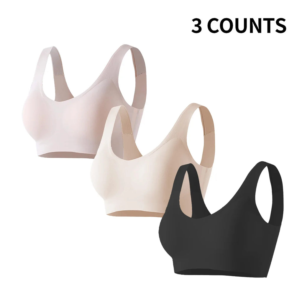 Three wireless sports bra styles in light beige, cream, and black, arranged diagonally on a white background with the text '3 COUNTS' in the top right corner.