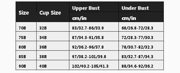Table displaying cup size, upper bust, and under bust measurements in centimeters and inches.