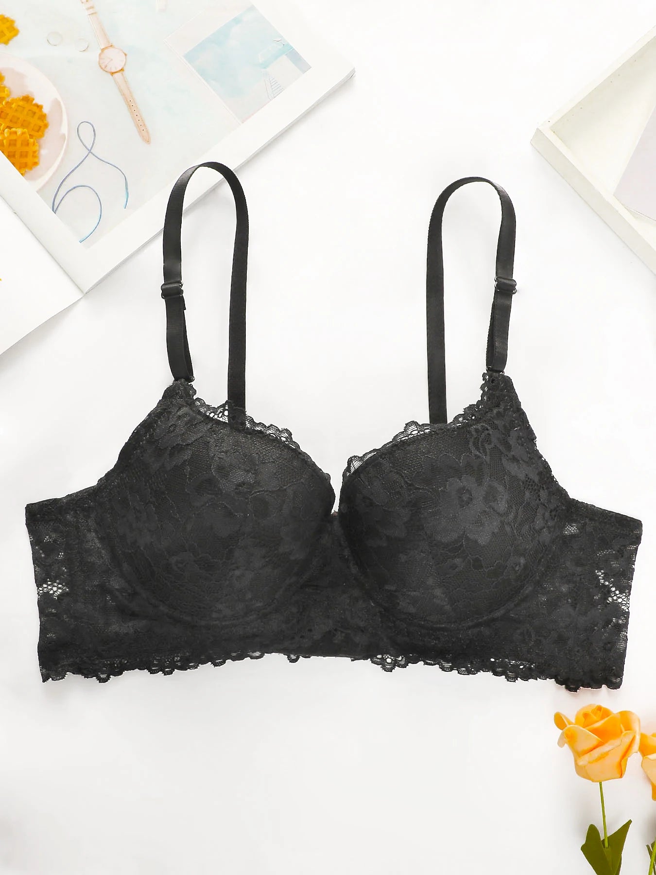 Sexy Black Lace Underwire Bra for Women Push Up Padded Demi Cup Comfortable Full Coverage Lingerie T-Shirt Bras  Daily Wear