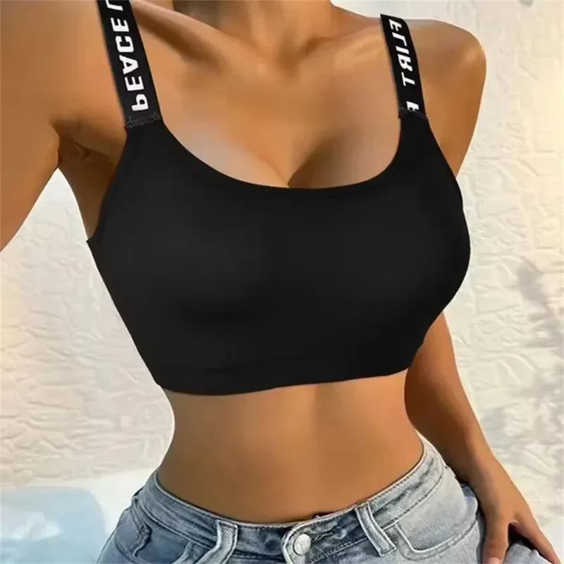 CHUANGERM Women's Seamless Sports Crop Top Wide Letter Straps Wireless Back Comfortable Yoga Fitness Workout