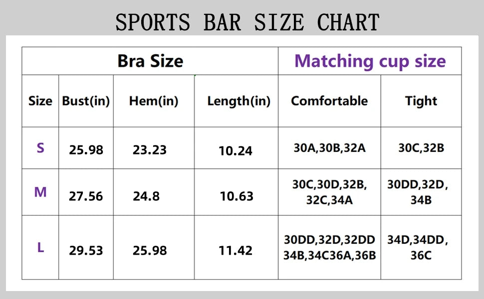 Sports bar size chart for bras with measurements and cup sizes.