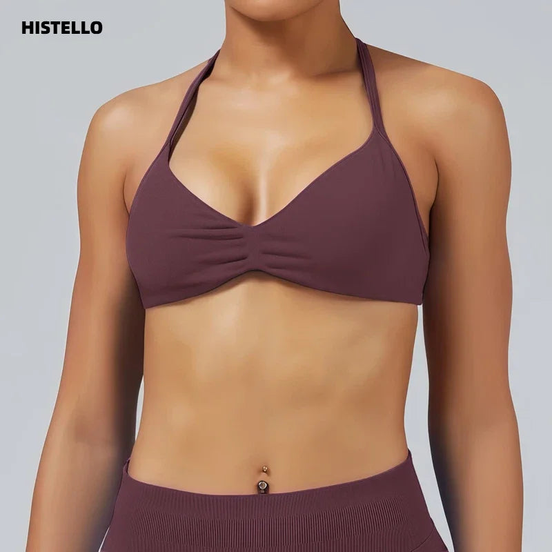 HISTELLO Strappy Sports Bra – High Support Scrunch Push-Up Halter