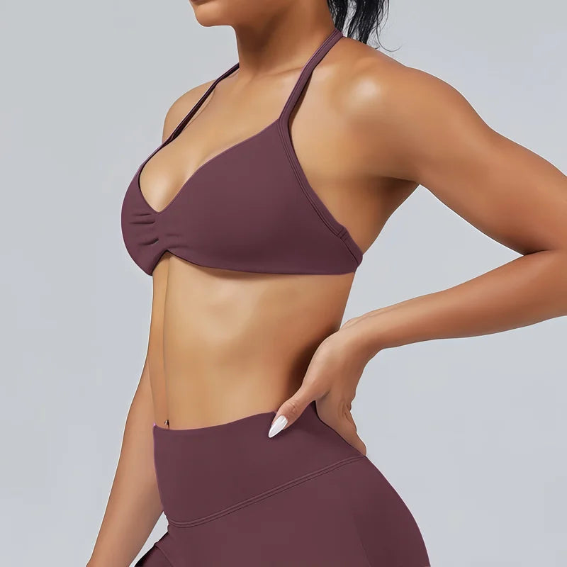 HISTELLO Strappy Sports Bra – High Support Scrunch Push-Up Halter